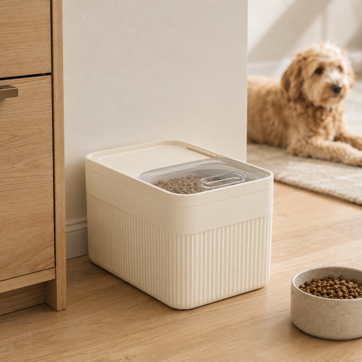 Airtight Pet Food Container — Sealed Storage Bin with Scoop